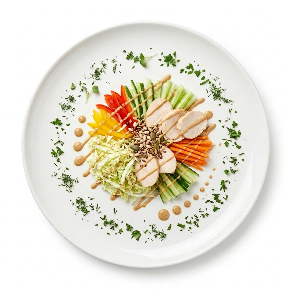 Салат с курицей и овощами с ореховым соусом